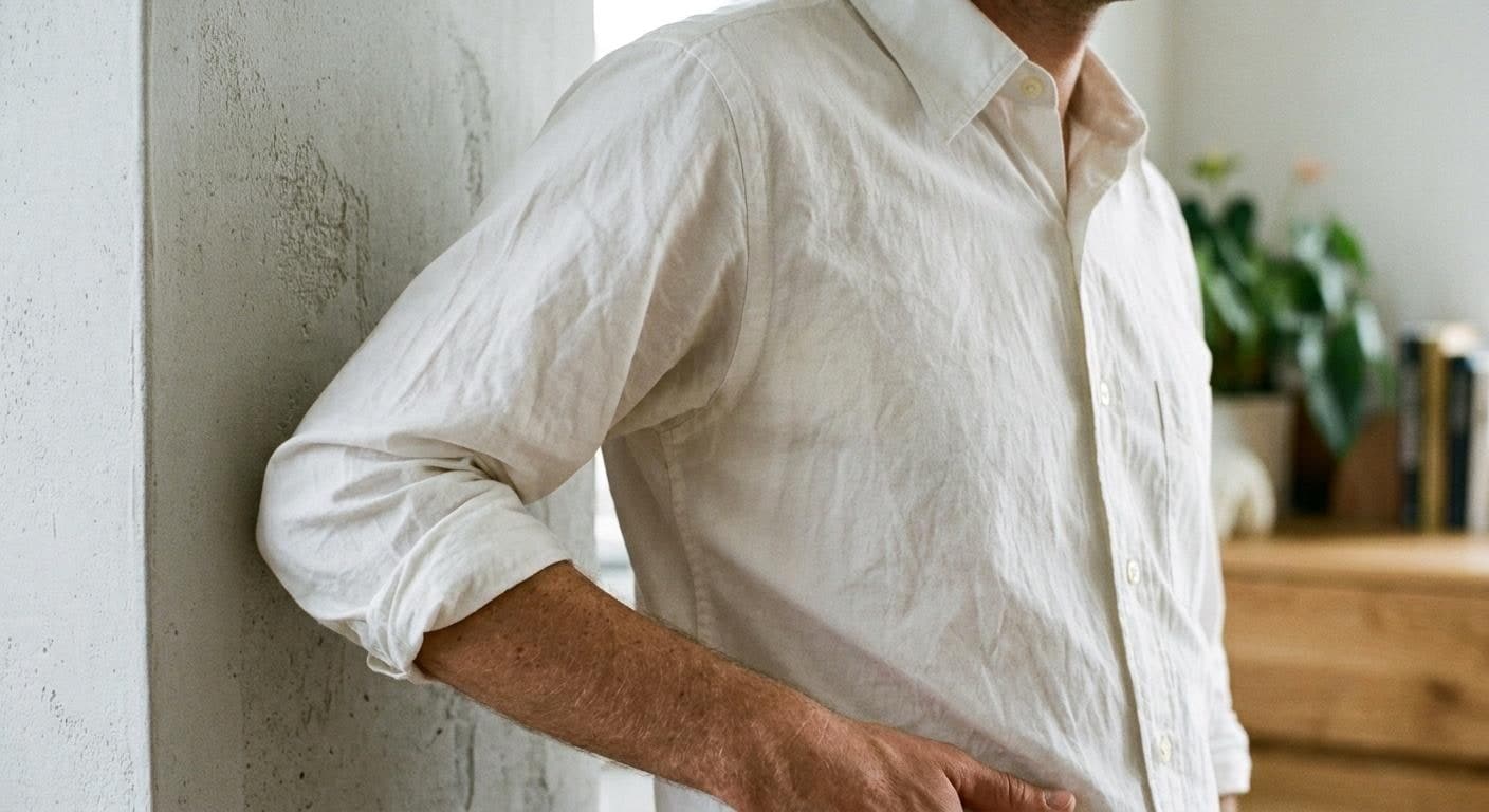 A man in a cream linen shirt leaning against a plaster wall in a bright room, one sleeve rolled