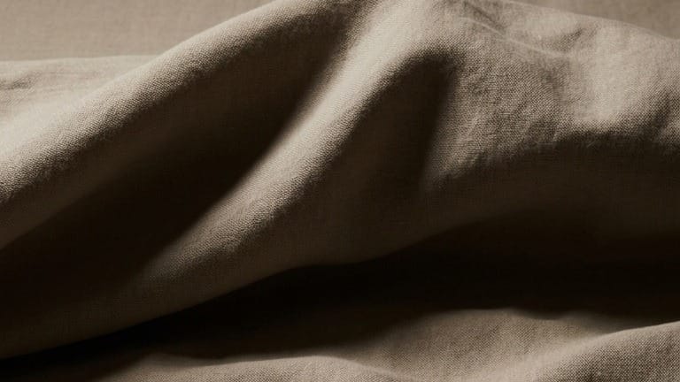 Warm stone linen rumpled into dunes, one bold fold crossing the frame