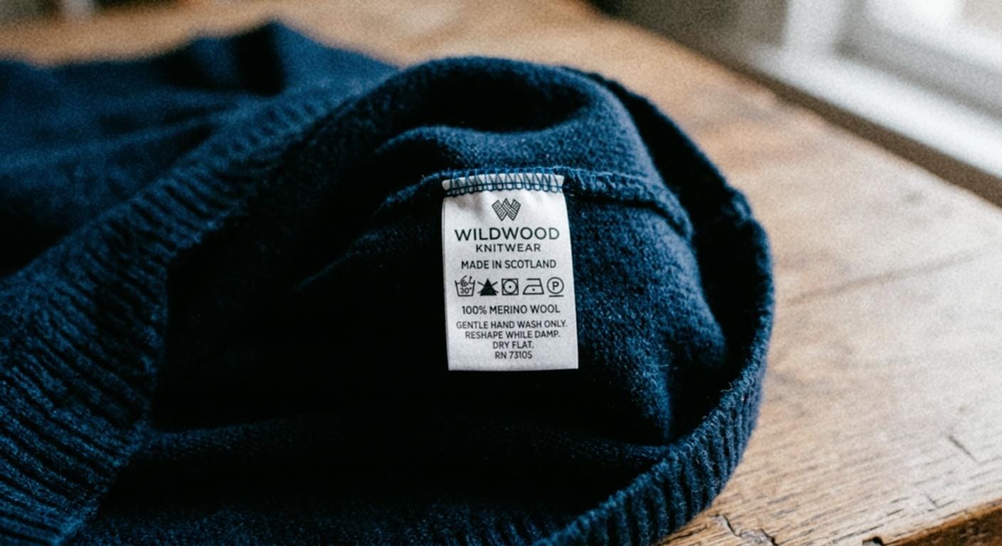 A woven care label sewn into the neck of a navy merino jumper on a wooden table, reading gentle hand wash only above a row of five care symbols