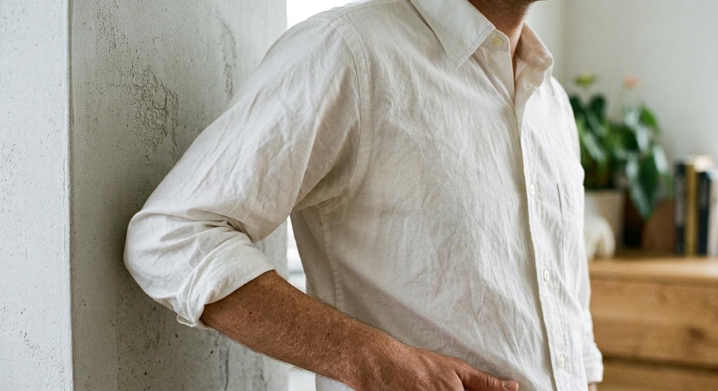 A man in a cream linen shirt leaning against a plaster wall in a bright room, one sleeve rolled