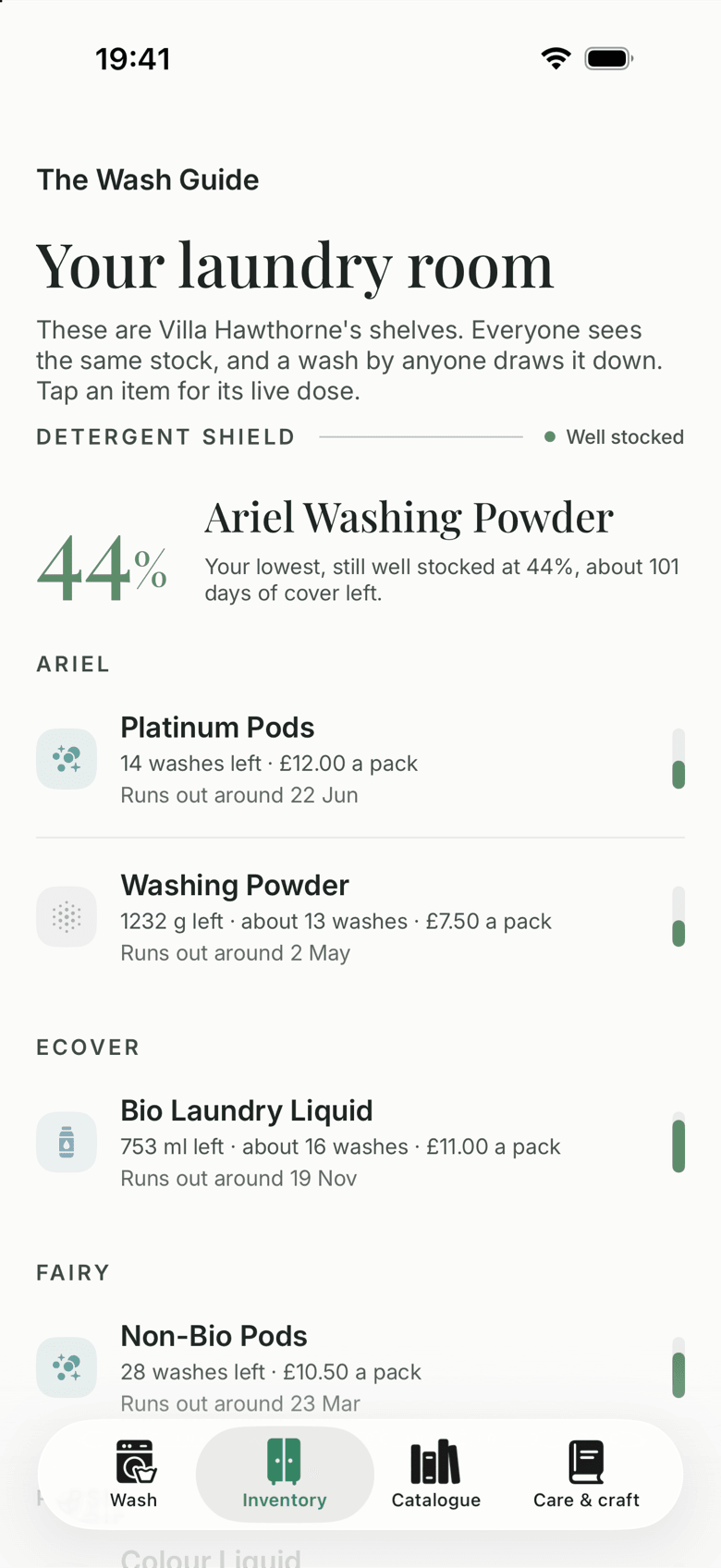 Your laundry room: a household’s shared shelves, each detergent with its washes left, its price per pack and roughly when it runs out