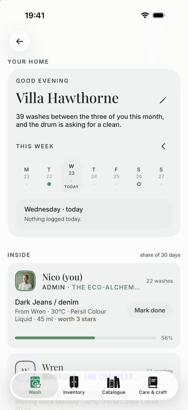Villa Hawthorne, a household: this week’s washing by the day, and each member with the washes that are theirs, including a pair of dark jeans from Wren