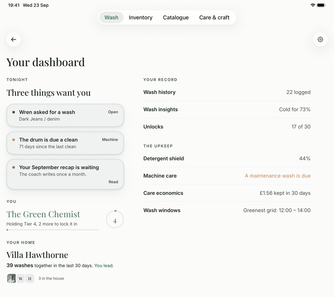 The Wash Guide’s dashboard on a 13-inch iPad: Tonight, your wash personality and your home on the left; your record and the upkeep on the right