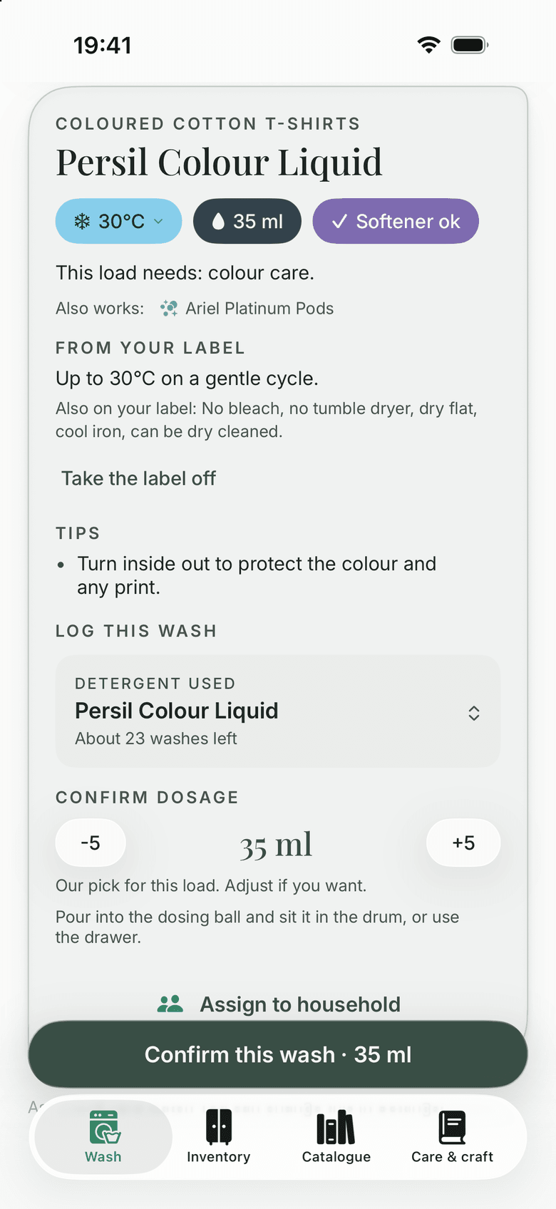 The wash card after ‘Set up this wash’: 30°C, with a section headed ‘From your label’ reading ‘Up to 30°C on a gentle cycle’ and the rest of the label in words