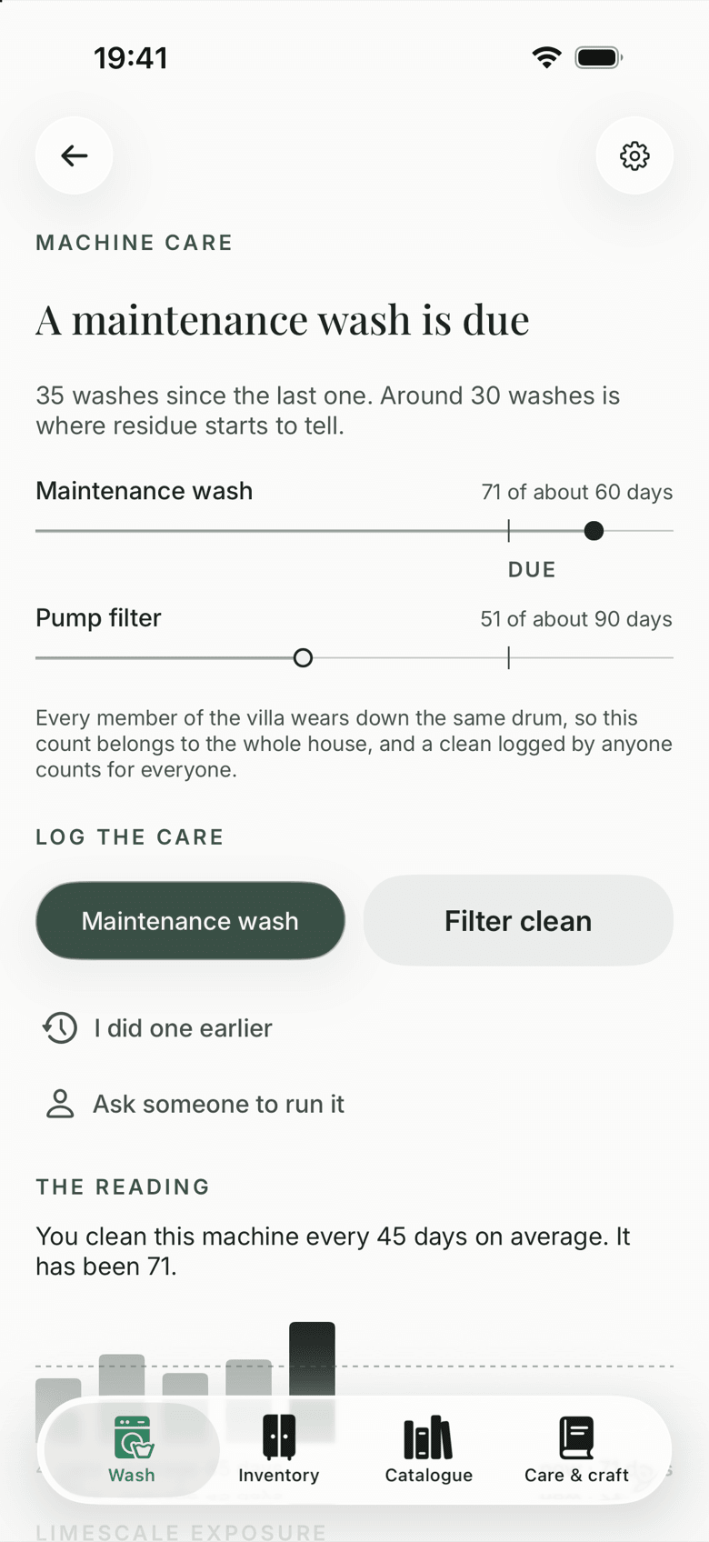 Machine care: ‘A maintenance wash is due’, with the washes since the last one, the pump filter, and buttons to log a maintenance wash or a filter clean