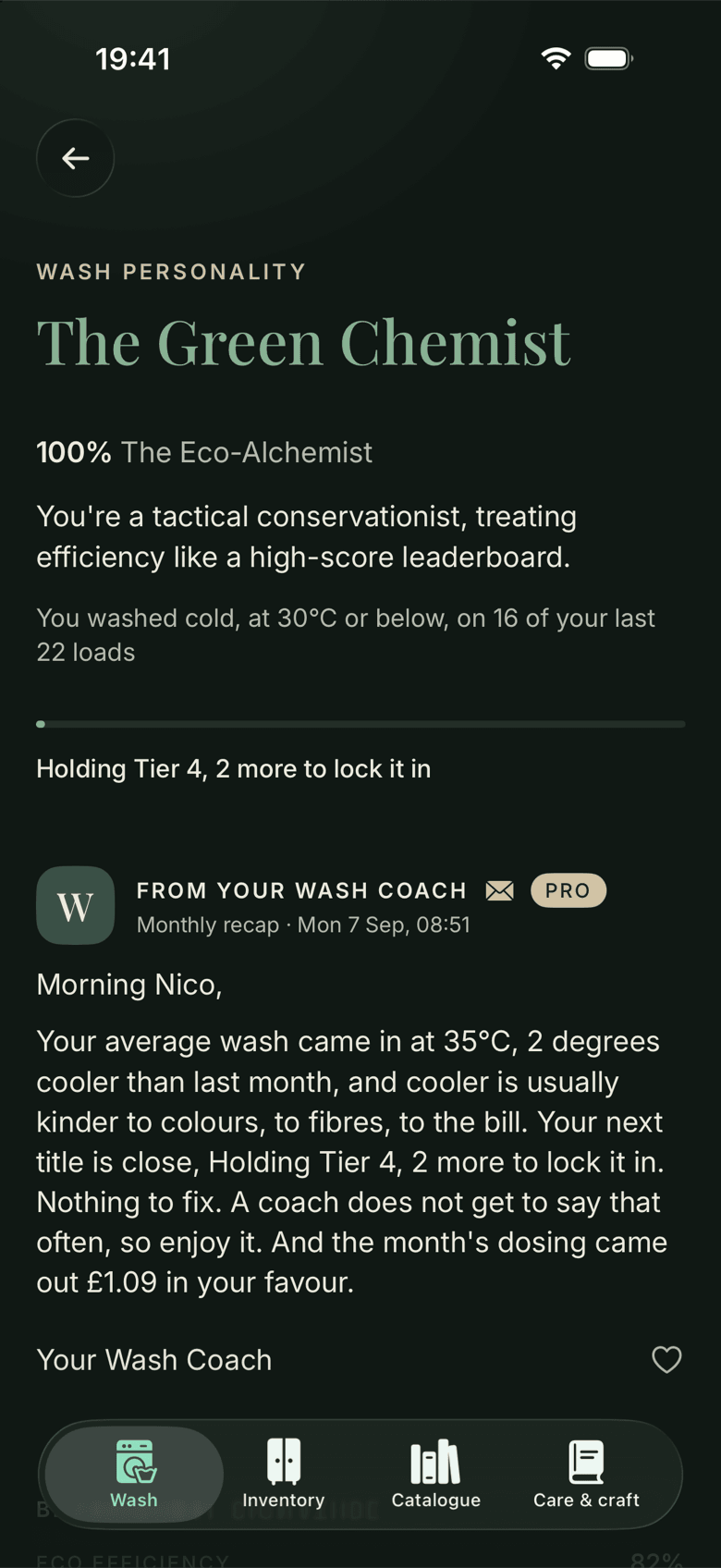 The Green Chemist, a wash personality, with a monthly recap from the Wash Coach beginning ‘Morning Nico’, in the app’s dark theme