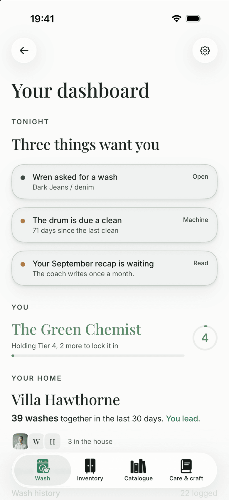 The dashboard’s Tonight: ‘Wren asked for a wash’, ‘The drum is due a clean’ and ‘Your September recap is waiting’
