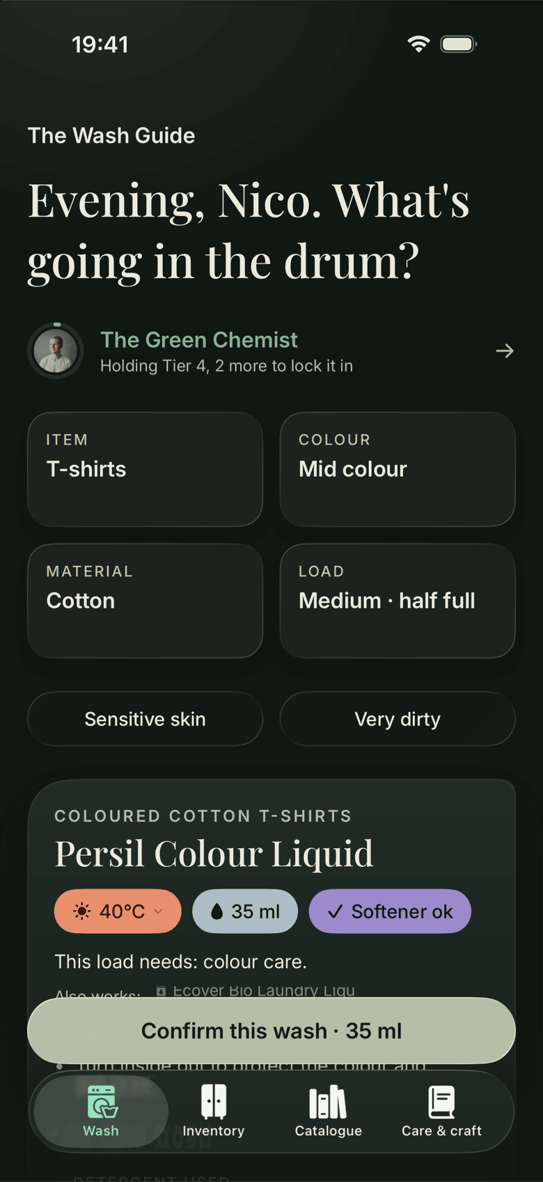 The same screen in the app’s dark theme, Evergreen Velvet