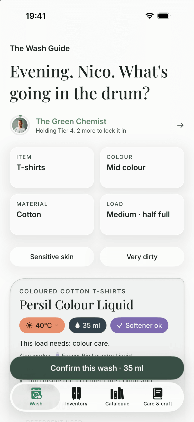 The Wash Guide on iPhone in the evening: ‘Evening, Nico. What’s going in the drum?’, with coloured cotton T-shirts answered by Persil Colour Liquid at 40°C and 35 ml