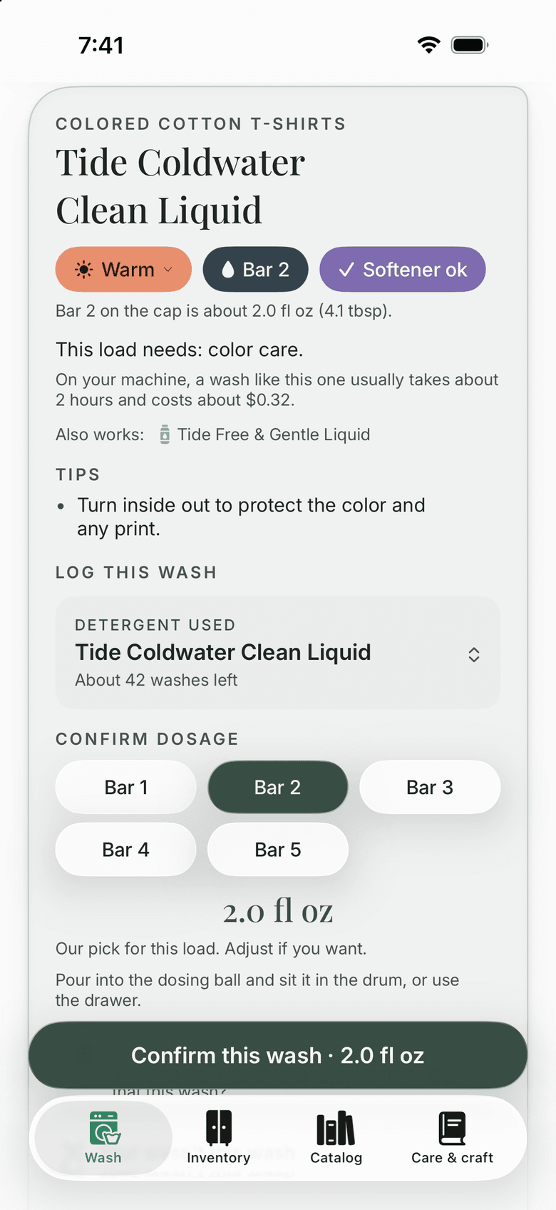 A wash card on an American machine for colored cotton T-shirts: Tide Coldwater Clean Liquid, Warm, bar 2 on the cap (about 2.0 fl oz), with the line ‘On your machine, a wash like this one usually takes about 2 hours’ and a row of keys for the cap’s five bars