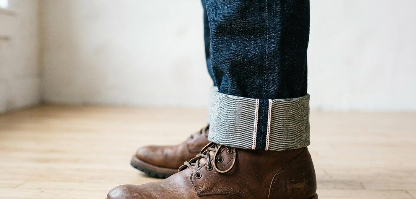 A turned-up cuff of dark selvedge denim above brown leather boots, the pale self-edge and its red line running down the fold