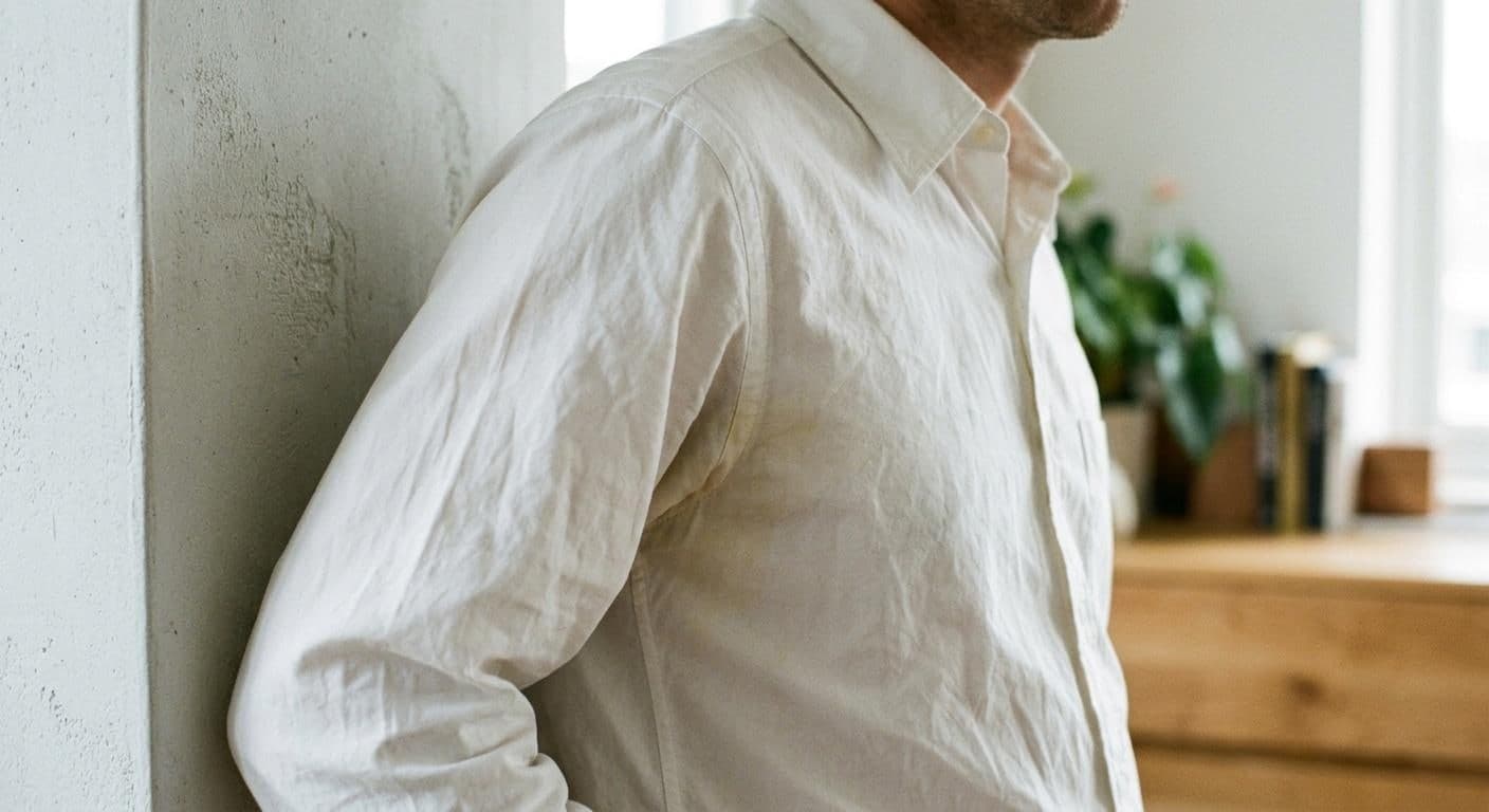 A cream shirt worn in daylight with a yellow mark spreading from the underarm seam